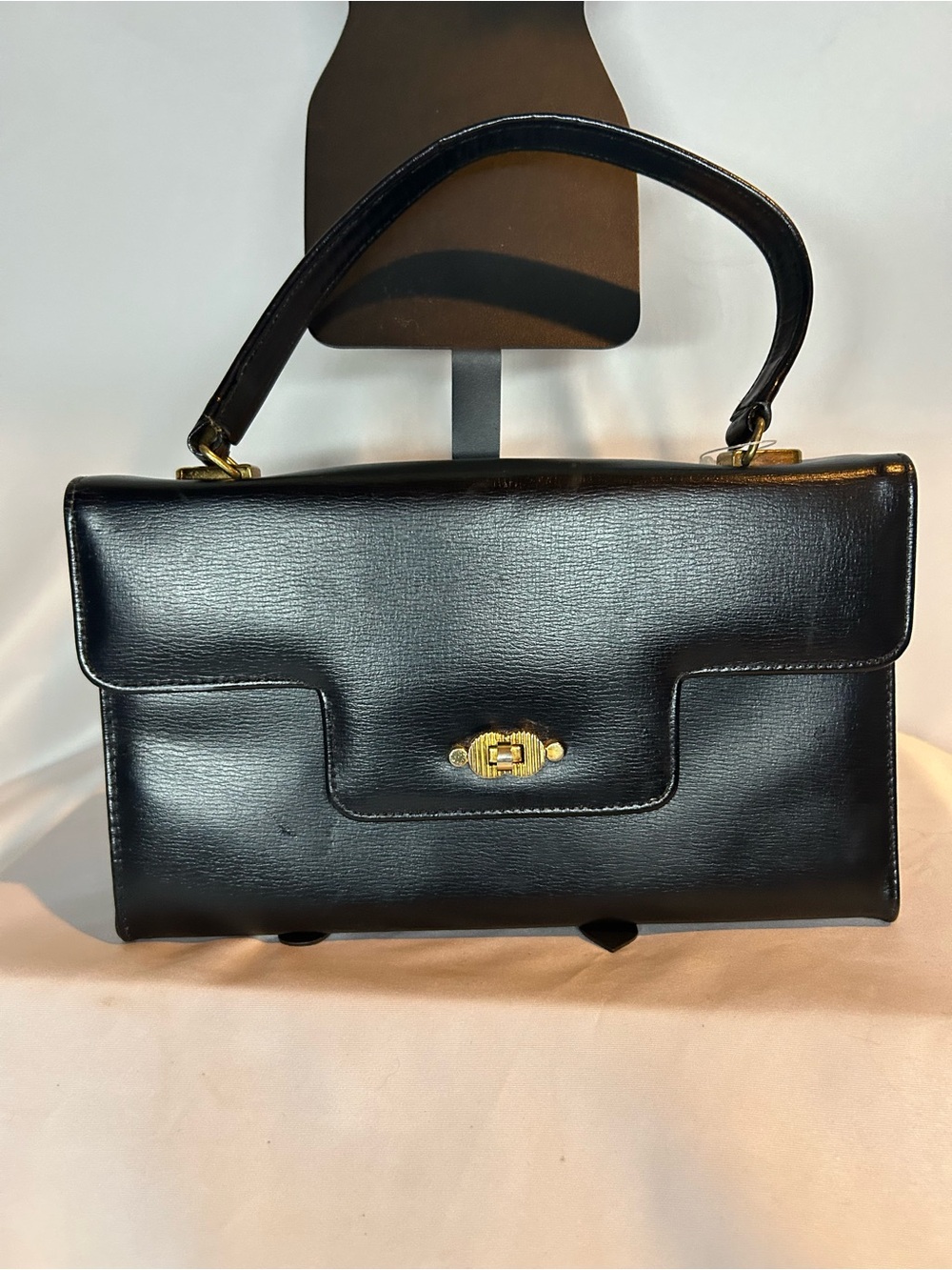 Vintage 1950s Triangle New York Black Leather Clasp Purse Mid Century